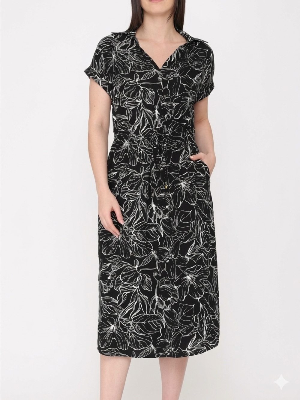 Badgley Mischka Black and White Floral Midi Shirt Dress Womens Medium